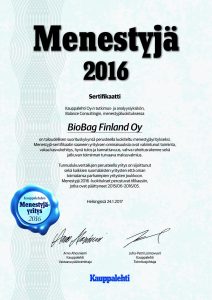 Menestyjä-sertifikaatin BioBag Finland